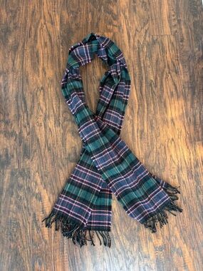 J. Crew Wool Green & Pink Plaid Fringe Scarf